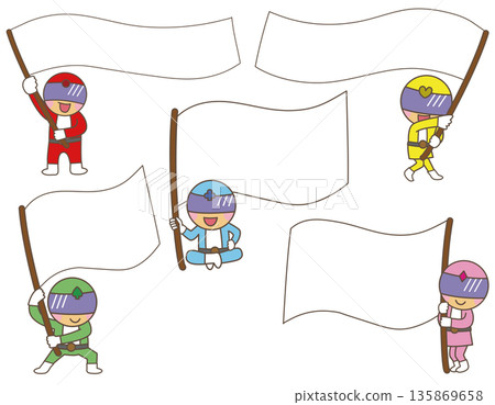 五色英雄套裝,手持白色橫幅 | 可填寫資訊的公告/指南插圖資料 五色英雄套裝,手持白色橫幅 | 可填寫資訊的公告/指南插圖資料 135869658