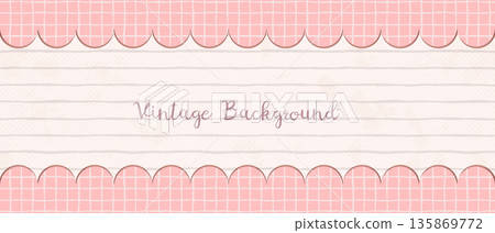 Romantic pink scalloped trim border on lined paper background, vintage notebook texture with cute checked pattern edge for banners and collages Romantic pink scalloped trim border on lined paper background, vintage notebook texture with cute checked pattern edge for banners and collages 135869772