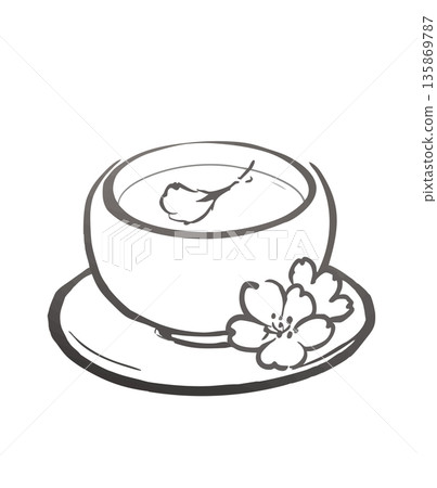 Sakura tea and teacups - Japanese line drawing illustrations to celebrate spring Sakura tea and teacups - Japanese line drawing illustrations to celebrate spring 135869787