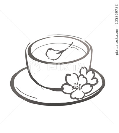 櫻花茶和茶杯－慶祝春天的日式線條畫插圖 135869788