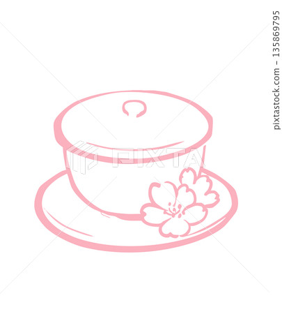 Sakura tea and teacups - Japanese line drawing illustrations to celebrate spring 135869795
