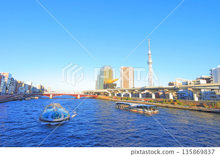 Tokyo Skytree and water bus in Sumida Ward, Tokyo Tokyo Skytree and water bus in Sumida Ward, Tokyo 135869837
