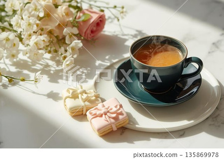 奶茶、糖霜餅乾和一束花。咖啡館時光的畫面素材。 135869978