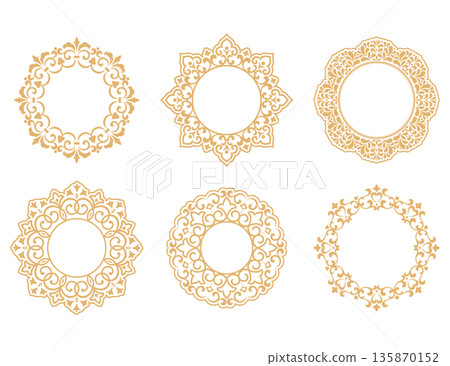 Set of decorative frames Elegant vector element for design in Eastern style, place for text. Floral golden and white borders. Lace illustration for invitations and greeting cards Set of decorative frames Elegant vector element for design in Eastern style, place for text. Floral golden and white borders. Lace illustration for invitations and greeting cards 135870152
