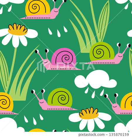 Vector seamless children pattern with snails and flowers Vector seamless children pattern with snails and flowers 135870159