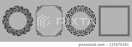 Set of decorative frames Elegant vector element for design in Eastern style, place for text. Floral black and gray borders. Lace illustration for invitations and greeting cards Set of decorative frames Elegant vector element for design in Eastern style, place for text. Floral black and gray borders. Lace illustration for invitations and greeting cards 135870161
