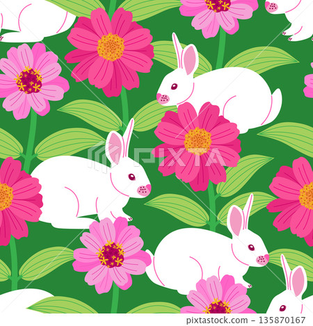 Vector seamless pattern with white rabbits and bright flowers Vector seamless pattern with white rabbits and bright flowers 135870167