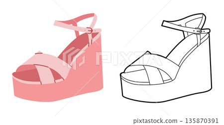 Pink platform wedge sandal women flat plus line set. Cross strap ankle buckle summer footwear for holiday, seaside trip Pink platform wedge sandal women flat plus line set. Cross strap ankle buckle summer footwear for holiday, seaside trip 135870391