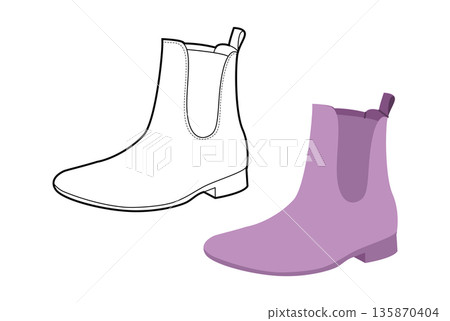 Lilac Chelsea boot women color plus line set. Clean ankle boot for fashion blog chart and branding project. Technical Lilac Chelsea boot women color plus line set. Clean ankle boot for fashion blog chart and branding project. Technical 135870404
