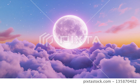 Minimalist style composition of a full moon and clouds, clean background and subtle gradients, palette of matte cream 135870482