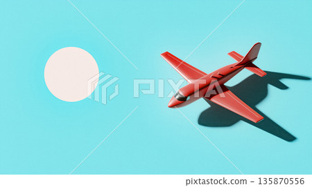 Stylized illustration of a red airplane flying in a clear blue sky, decorative linework and artistic shading 135870556