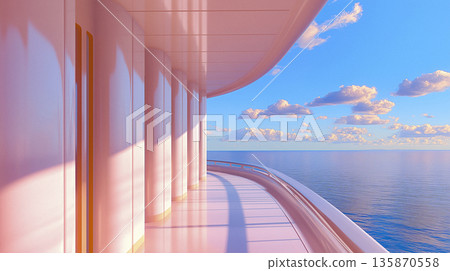 Stylized illustration of a spacious and clean cruise deck with high-end finish, decorative linework and artistic shading 135870558