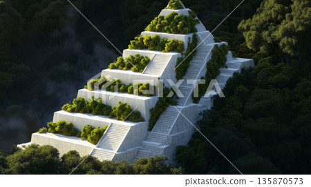 Stylized illustration of the Ancient Hanging Gardens of Babylon with decorative linework and artistic shading 135870573