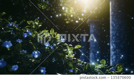 Surreal depiction of the Ancient Hanging Gardens of Babylon glowing with ethereal light 135870600