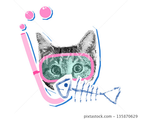 Vector halftone cat face with pink snorkel and fish bone, Funny collage of a diving kitty Vector halftone cat face with pink snorkel and fish bone, Funny collage of a diving kitty 135870629