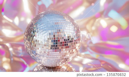 Silver disco ball, palette of pastel teal, muted crimson, and parchment beige, conceptual retro illustration 135870832