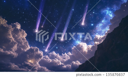 Surreal depiction of multiple Perseid meteors glowing across a mystical night sky, ethereal gradients 135870837