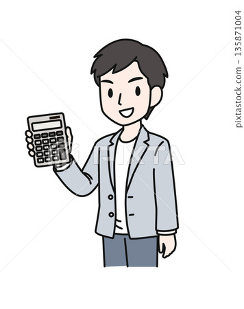 插圖素材：一位休閒男士正在計算器上查看金額 135871004