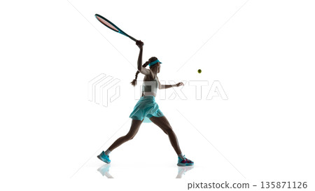 Female tennis player hitting forehand shot isolated on white background. 135871126