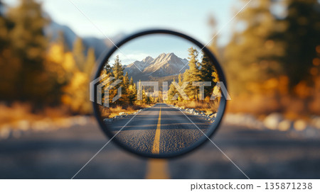 Photorealistic roadmap seen through a blurry camera lens, palette of soft gray, muted blue, and golden amber Photorealistic roadmap seen through a blurry camera lens, palette of soft gray, muted blue, and golden amber 135871238