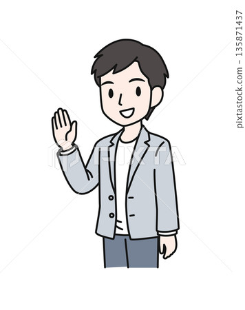 插畫資料：一位休閒男士舉起一隻手打招呼 135871437