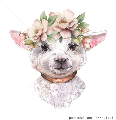 Hand drawn cute lamb head with floral crown isolated on white background 135871441
