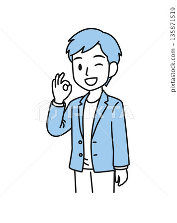 一位穿著休閒的男士擺出「OK」手勢的插圖素材 135871519