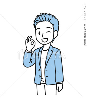 一位穿著休閒的男士擺出「OK」手勢的插圖素材 135871520