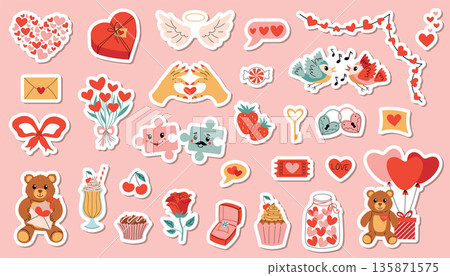 Set of cartoon stickers for happy Valentines Day with hearts, angel wings, gifts, teddy bears, roses. Set of cartoon stickers for happy Valentines Day with hearts, angel wings, gifts, teddy bears, roses. 135871575