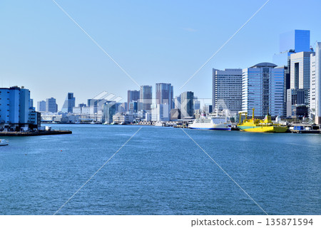 Tokyo Port: Takeshiba Pier seen from Tsukiji Bridge, Passenger Terminal Tokyo Port: Takeshiba Pier seen from Tsukiji Bridge, Passenger Terminal 135871594