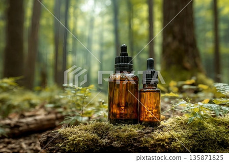 Two glass brown cosmetic containers with pipette are placed against backdrop of a natural forest. Concept of natural organic cosmetics, skin health. Selective focus.. Two glass brown cosmetic containers with pipette are placed against backdrop of a natural forest. Concept of natural organic cosmetics, skin health. Selective focus.. 135871825
