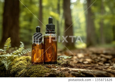 Two glass brown cosmetic containers with pipette are placed against backdrop of a natural forest. Concept of natural organic cosmetics, skin health. Selective focus.. Two glass brown cosmetic containers with pipette are placed against backdrop of a natural forest. Concept of natural organic cosmetics, skin health. Selective focus.. 135871826
