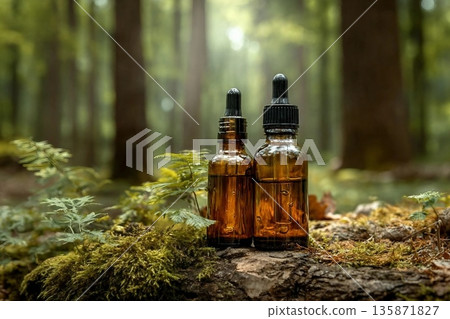 Two glass brown cosmetic containers with pipette are placed against backdrop of a natural forest. Concept of natural organic cosmetics, skin health. Selective focus.. Two glass brown cosmetic containers with pipette are placed against backdrop of a natural forest. Concept of natural organic cosmetics, skin health. Selective focus.. 135871827