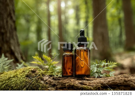 Two glass brown cosmetic containers with pipette are placed against backdrop of a natural forest. Concept of natural organic cosmetics, skin health. Selective focus.. Two glass brown cosmetic containers with pipette are placed against backdrop of a natural forest. Concept of natural organic cosmetics, skin health. Selective focus.. 135871828