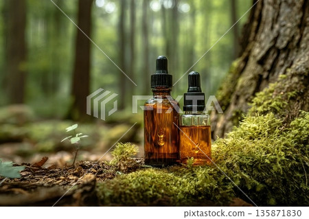 Two glass brown cosmetic containers with pipette are placed against backdrop of a natural forest. Concept of natural organic cosmetics, skin health. Selective focus.. 135871830