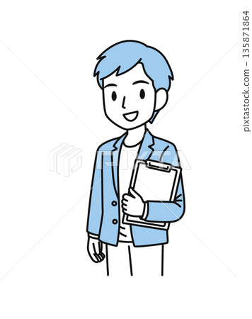 插畫素材：一位休閒男士手持資料夾內的文件 135871864