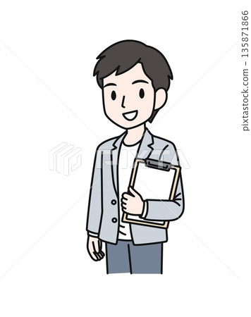 插畫素材：一位休閒男士手持資料夾內的文件 135871866