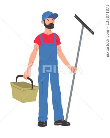 Window cleaner worker man with squeegee isolated on white Window cleaner worker man with squeegee isolated on white 135871873