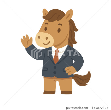 穿著西裝的馬揮手的插圖 135872124