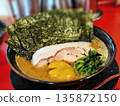 Delicious Iekei Ramen with seaweed, roasted pork, egg, and spinach 135872150