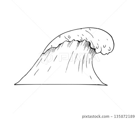 Vector sea wave. Hand painted ocean storm illustration. Graphic monochrome sketch isolated on background. For designers, prints, logo, icon, menu, postcards, holiday, covers Vector sea wave. Hand painted ocean storm illustration. Graphic monochrome sketch isolated on background. For designers, prints, logo, icon, menu, postcards, holiday, covers 135872189