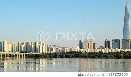 Panoramic View of Modern Apartment Buildings Across the Han River in Seoul Panoramic View of Modern Apartment Buildings Across the Han River in Seoul 135872393