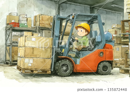 Male worker transporting cargo with a forklift | Work illustration depicting a logistics site 135872448