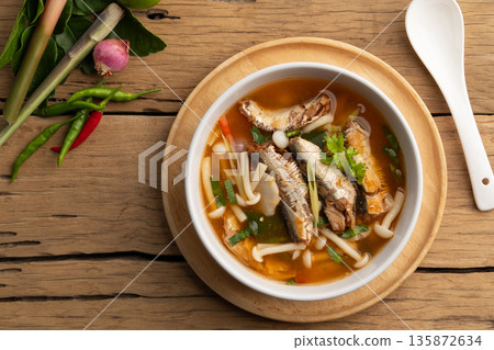 Tom Yam canned mackerel in tomato sauce,Canned fish soup 135872634