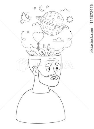 Mental Health Coloring Page. Outline Elderly Man with Universe Planet, Heart, Moon, Sun and Peace Dove. Vector Line Art Illustration for Senior Mindfulness and Art Therapy. Not AI 135872656