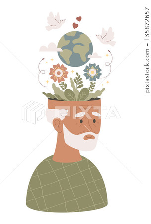 Senior Man Peace of Mind and Mental Wellness. Elderly Ethnic Black Male with Earth, Flowers and Dove Birds. Concept for Mindfulness, Harmony and Health Awareness. Vector Flat Illustration. Not AI Senior Man Peace of Mind and Mental Wellness. Elderly Ethnic Black Male with Earth, Flowers and Dove Birds. Concept for Mindfulness, Harmony and Health Awareness. Vector Flat Illustration. Not AI 135872657
