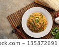 Stir Fried Rice Vermicelli Noodles With Tamarind Sauce in white plate.Top view.copy space. 135872691