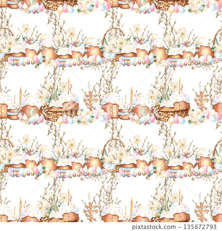 Orthodox Easter seamless pattern Spring primrose, flowers, icing cake, lit candle, religious cross, colorful eggs, willow branches. Watercolor isolated from background illustration with copy space 135872793