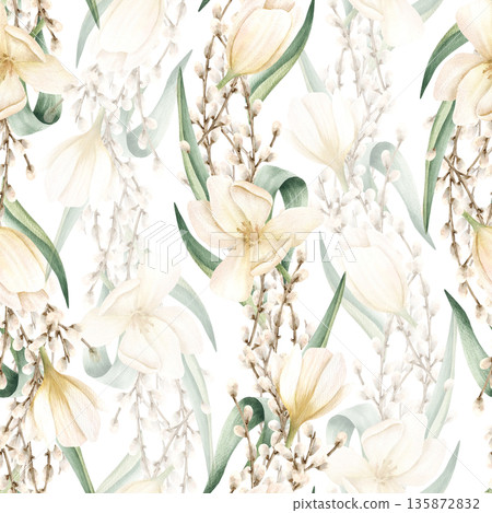 Watercolor white tulips and willow branches seamless pattern on transparent background. Spring flowers. Floral repeat ornament for Easter bright celebration. Hand drawn isolated illustration Watercolor white tulips and willow branches seamless pattern on transparent background. Spring flowers. Floral repeat ornament for Easter bright celebration. Hand drawn isolated illustration 135872832