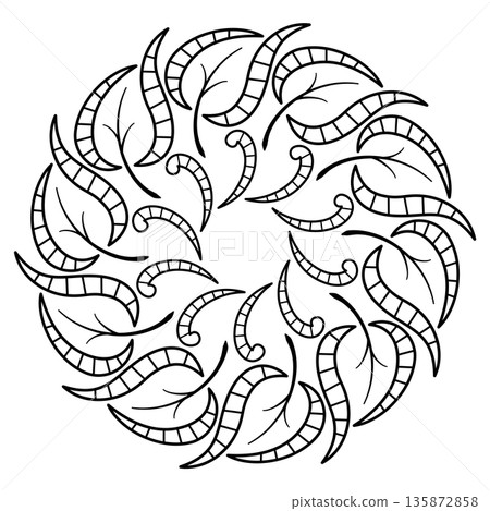 Black curved leaves Intricate round floral mandala Black curved leaves Intricate round floral mandala 135872858